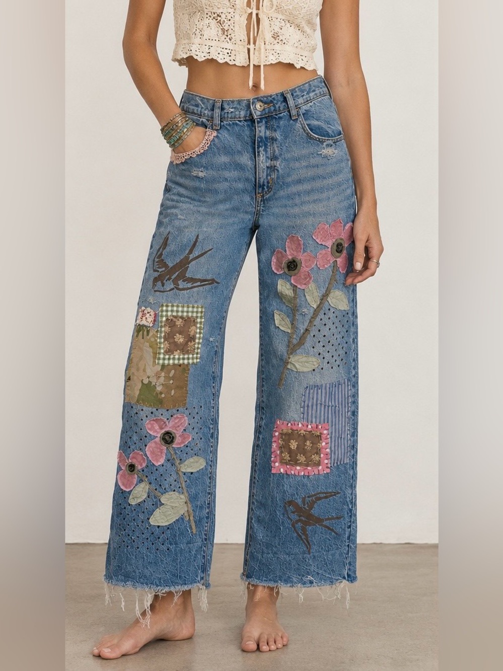 Upcycled Embroidered Patchwork Wide-Leg Jeans in Blue with Floral Accents